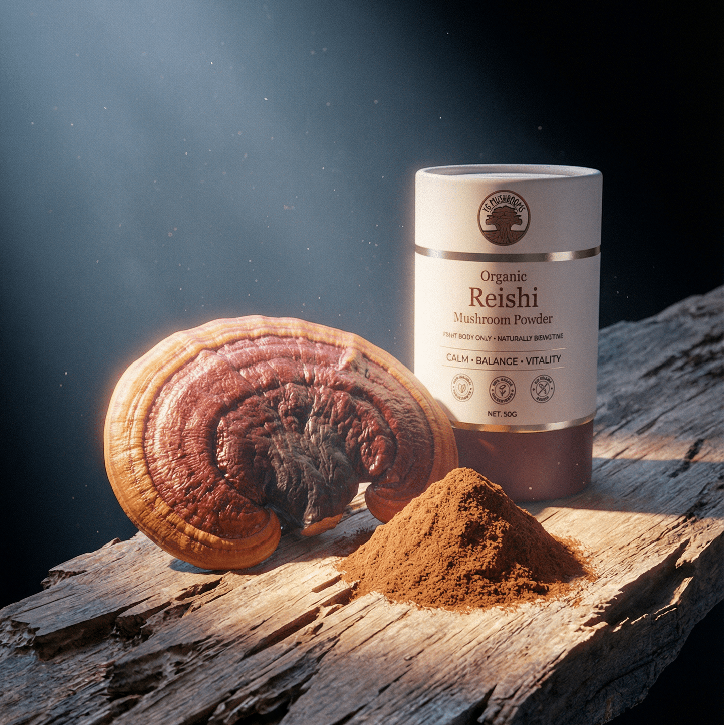 Reishi mushroom powder with a container on a wooden surface