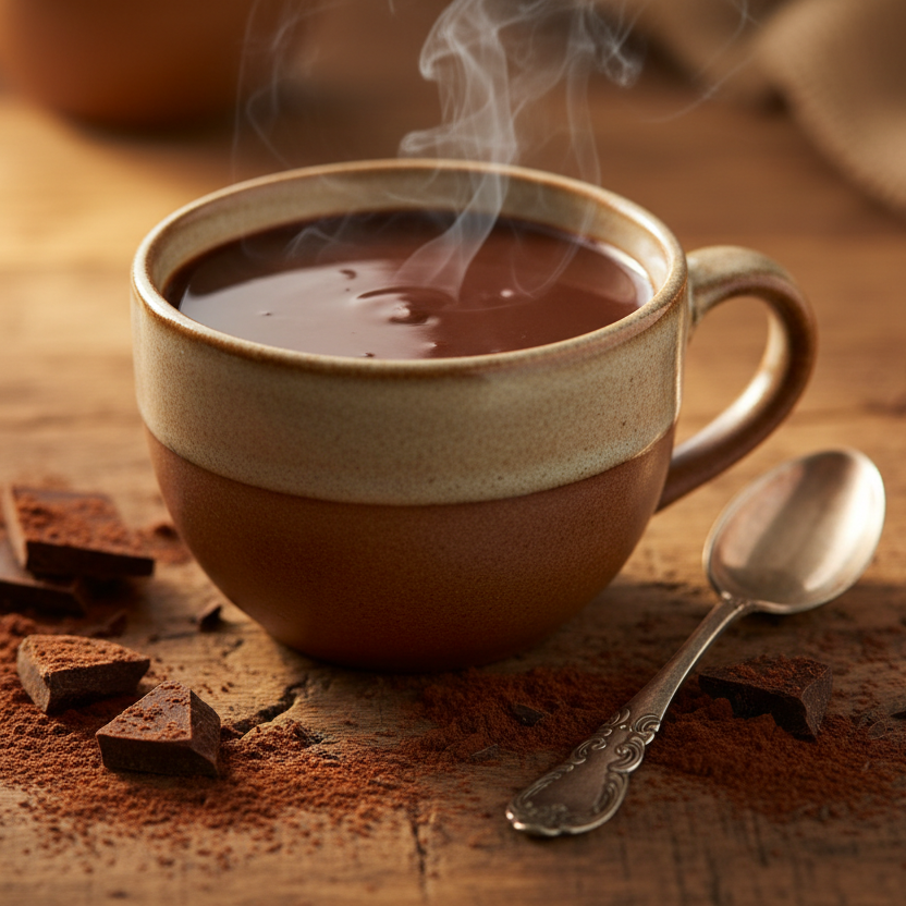 chocolate infuse in cup with powder near on a natural table with spoon