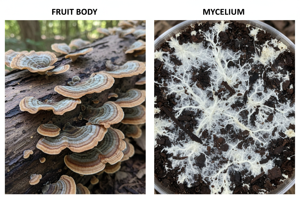 Comparison of fruit body and mycelium on a log with visible white threads.