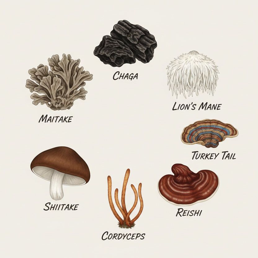 fammi un immagine con i funghi Chaga, lion's mane, turkey tail, reishi, Cordyceps, shiitake e Maitake in cerchio con i nomi sotto