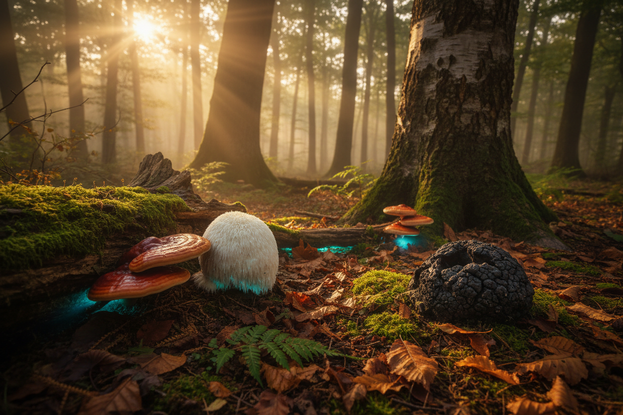 Glowing mushrooms in a forest with sunlight filtering through the trees