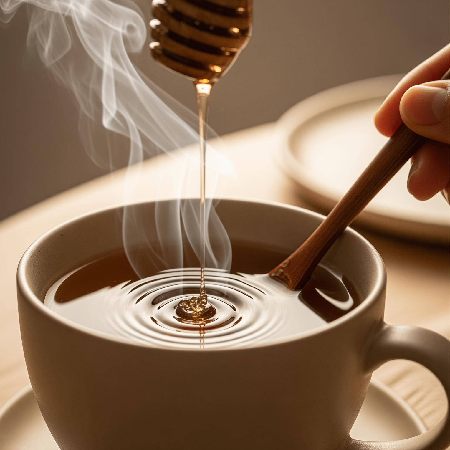 Honey being drizzled into a steaming cup of coffee