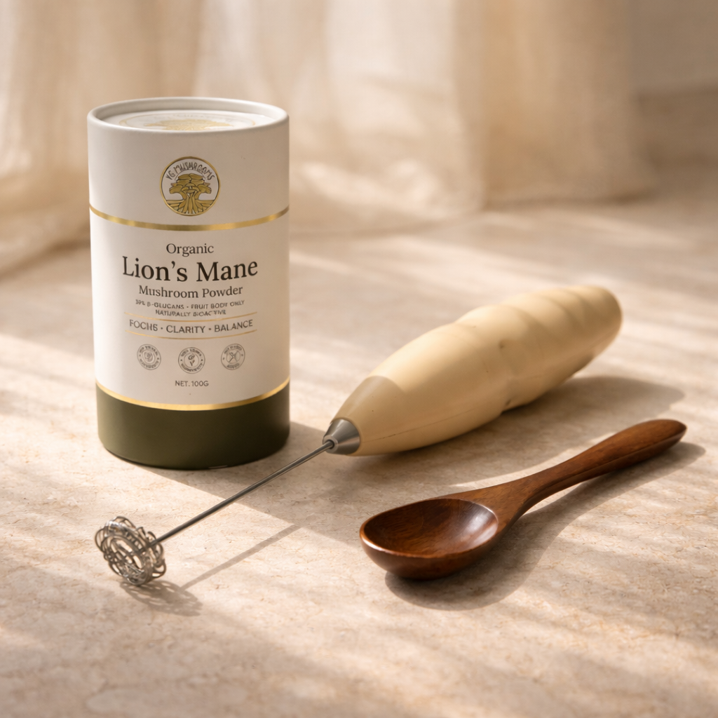 Lion’s Mane mushroom powder ritual kit with spoon and milk frother
