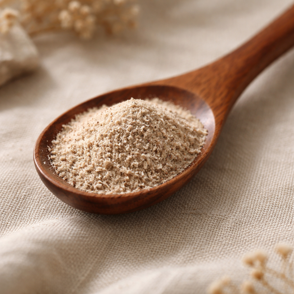 Wooden spoon filled with a powdery substance on a textured fabric background