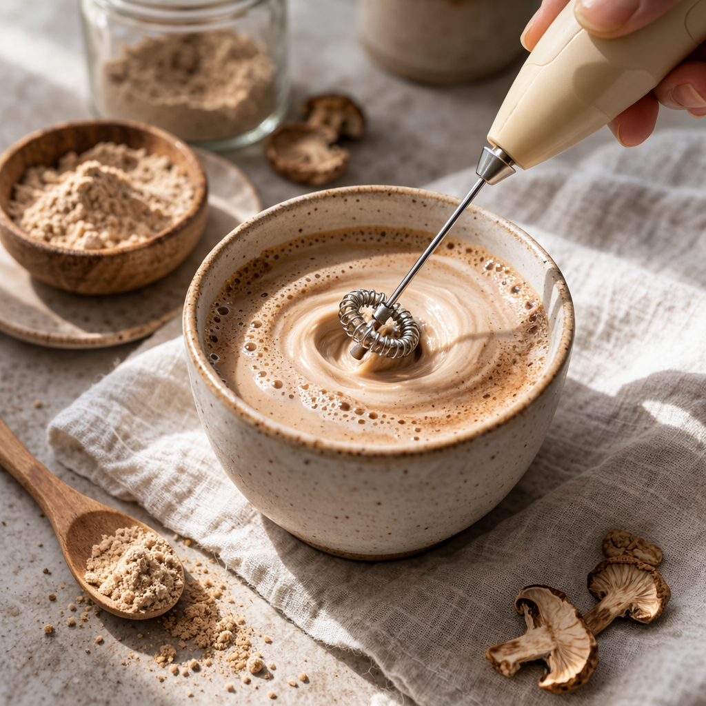 Stirring a bowl of creamy drink with a whisk, surrounded by ingredients on a textured surface.