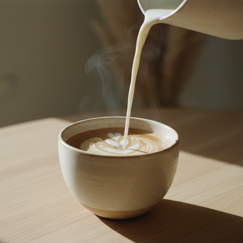 Minimal natural aesthetic, luxury wellness mood. Close-up of oat milk pouring slowly into espresso in a beige ceramic cup, soft morning sunlight, warm beige and cream tones, steam rising gently, shallow depth of field, cinematic slow motion, clean wooden table, premium coffee ritual style.
