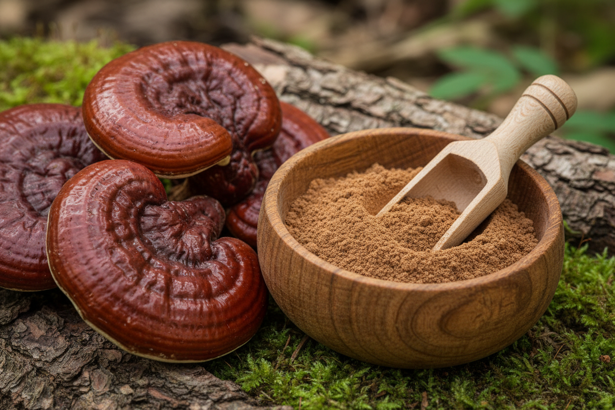 more real and powder in a wooden container with scoop
