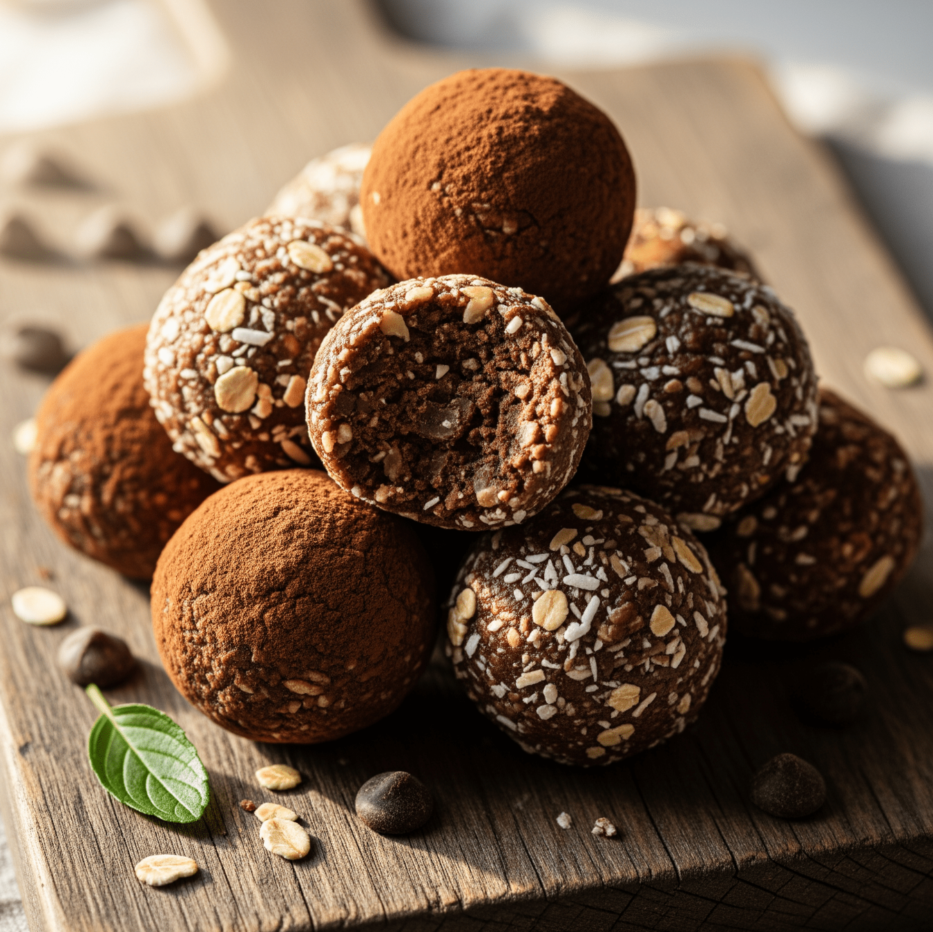 Stack of chocolate truffles with nuts on a wooden board
