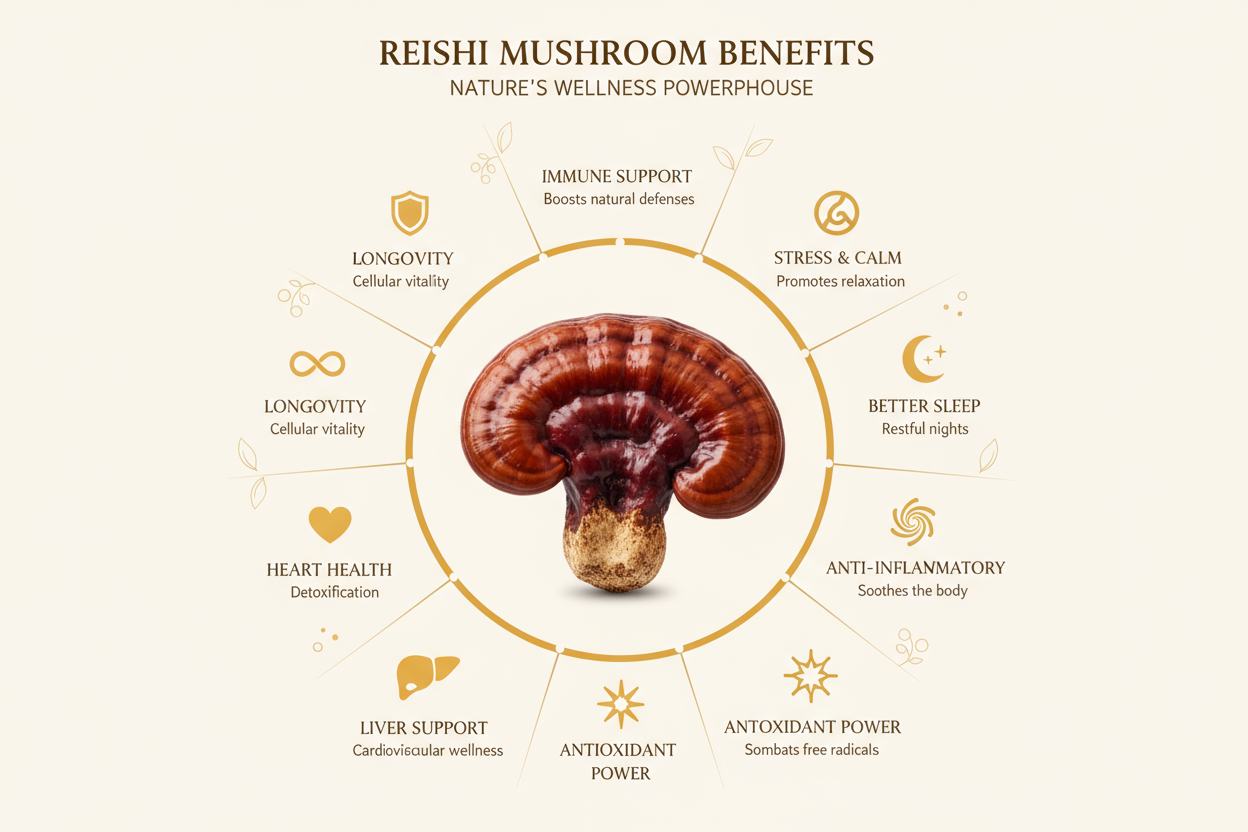 ora fammi una lista precisa sui benefici potenti del reishi in modo da attirare l attenzione